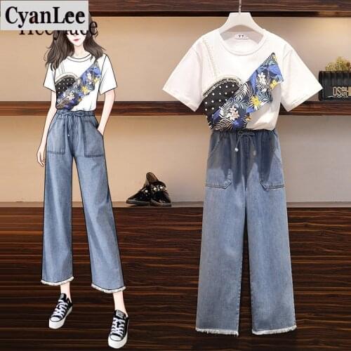 Plus Size Summer Jeans Two Piece Set Woman Loose Beading Short Sleeve T Shirt and Wide Leg Denim Trousers Pants Suit for Women