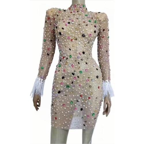 Women New Shining Multicolor Rhinestone Pearl Transparent Net Yarn Dress Women Sexy Prom Evening Celebrate Outfit Birthday Dress
