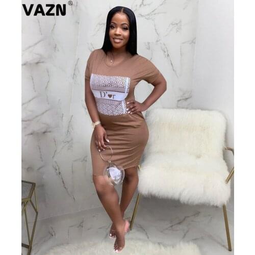 VAZN 2020 Summer Hot Sales Young Casual Regular Office 3 Color Energy Style Round Neck Short Sleeve Women Thin Mini Dress