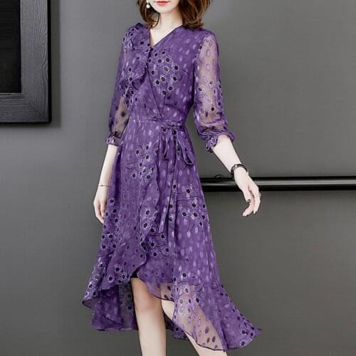 2019 Fashion Summer Womens Female V Neck 3/4 Sleeve Ruffles Irregular Purple Chiffon Dress , Woman 3xl Printed Floral Dresses