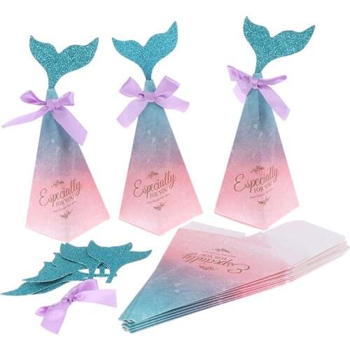 10pcs Mermaid Tail Candy Boxes Pink Mermaid Tail Bow Knot Gifts Box Kids Favors Wedding Theme Birtay Party Supplies