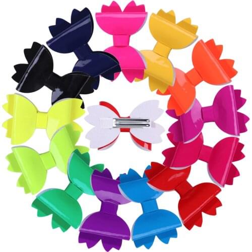 13pcs/lot Girls Flower Hair Bow Children Sweet Hairbow Kids Floral Layer PU Spring Color Bows WITH/WITHOUT Clip Hair Accessories