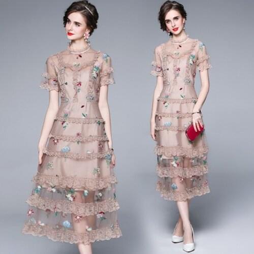2021 Summer Embroidery Party Dress Runway Flower Embroidered Boho Mesh Dresses For Women Vestido