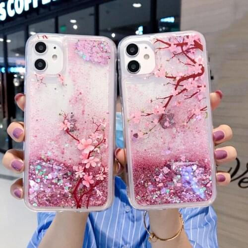 Peach Flower Print Liquid Glitter Case for Iphone 11 Phone Cases for 12 Mini Pro XR XS Max XS X 8 7 Plus Dynamic Quicksand Cover