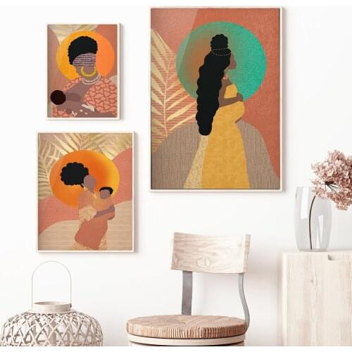 Black Motherhood With Kids Picture Canvas Painting Wall Art African American Mother Nordic Abstract Posters and Print Home Decor