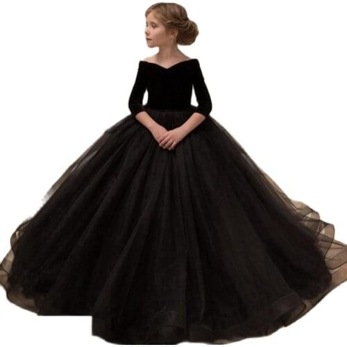 Black Princess Ball Gown Kids Pageant Dress with Elegant Half Sleeves for Girls Aged 5 -14 Years