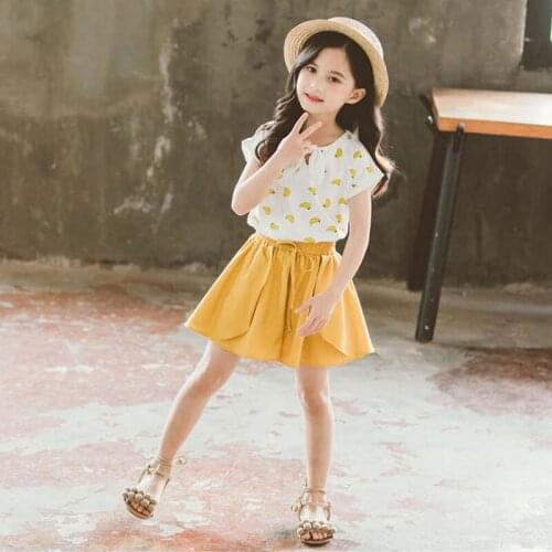 Kids girls 2pcs summer suits banana print T-shirt + shorts new big virgin suit 4-12 years old