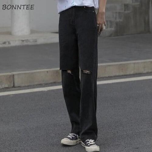 Jeans Women Cool Unisex Full-length Straight Leg Holes Ripped All-match Streetwear Retro Trousers Loose High Waist Trendy Korean