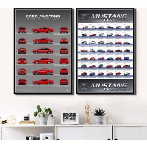 Art Decor Ford Mustang 50th Anniversary Car Evolution Chart Muscle Car Wall Art Canvas Painting Silk Poster