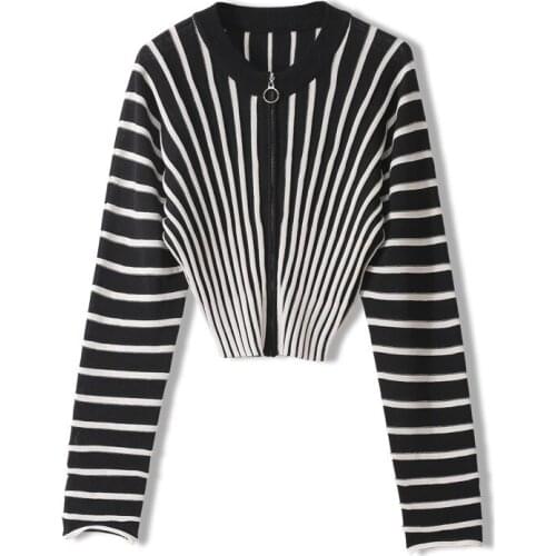 Short Sexy Autumn Winter Women Sweater Pop Art Style Zipper Knitted Cordigans Striped Casual Fashionable Punk Style Ladies Tops
