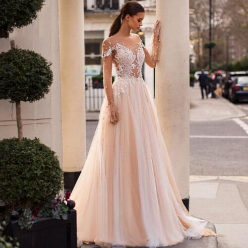 Long Sleeve Lace Tulle Wedding Dress 2020 Appliques Illusion A-Line Princess Bridal Dress Vestido de Noiva Backless Wedding Gown