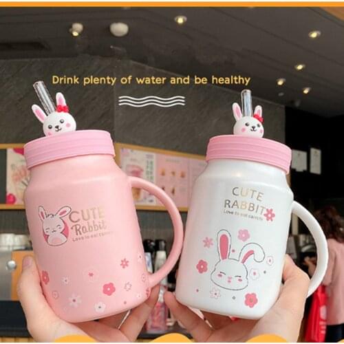 Cute Rabbit Ceramic Water Bottle With Straw For Girls INS Lovely Creative Pink Mugs For Milk Tea Coffee Drinking Cup