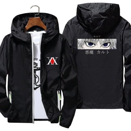 Mens Windbreaker Hunter X Hunter Devil Eyes Kirua Anime Thin Reflective Sunscreen Skin Pilot Hooded Coat Jacket Oversized 6XL