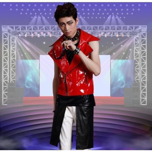 Male oblique zipper leather vest men 2020 summer style personality slim clothes punk rock costumes hombre singer stage star