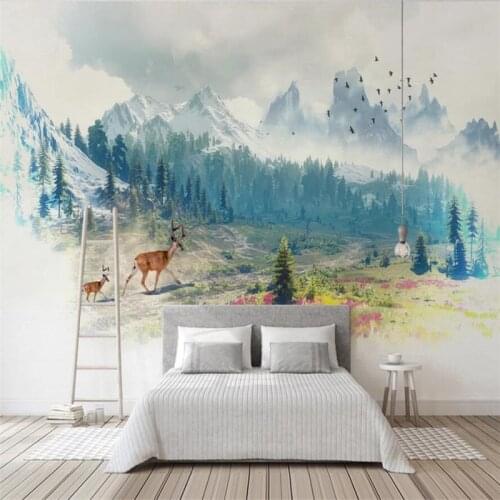 Milofi custom 3D wallpaper mural Nordic style minimalist forest snow mountain elk background wall home decoration wallpaper