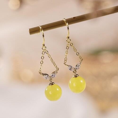 Natural 925 sterling silver gilt geometry inlaid round beads amber earrings individuality temperament long sterling silver women