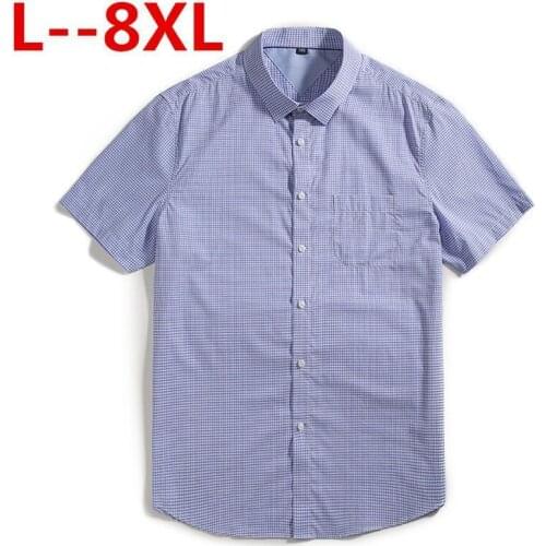 Plus Big size 8XL 6XL 5XL 4XL 100% Cotton Short Sleeve Shirts Button Down Collar Plaid Striped Slim Fit Men Casual Shirts Brand