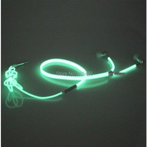 Glow in the Dark Earphones Luminous Metal Zipper with Microphone 3.5mm In Ear Lighted Earphone