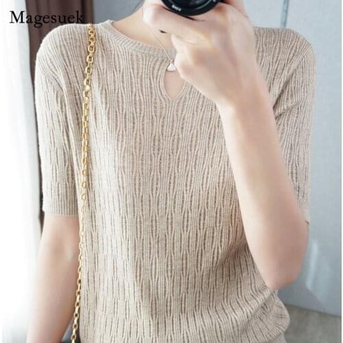 Short Sleeve Womens Loose Thin Pullover Worsted Fashion Top Bottoming Summer New Round Neck Hollow Knitted Wool Shirt 14649