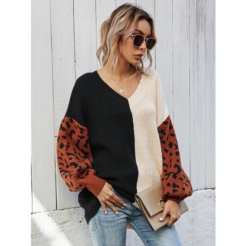 High Quality Women Girl Winter full Sleeve Pullover V Neck Patchwork Leopard Casual Loose sweaters Cute Knitwear Outwear Tops