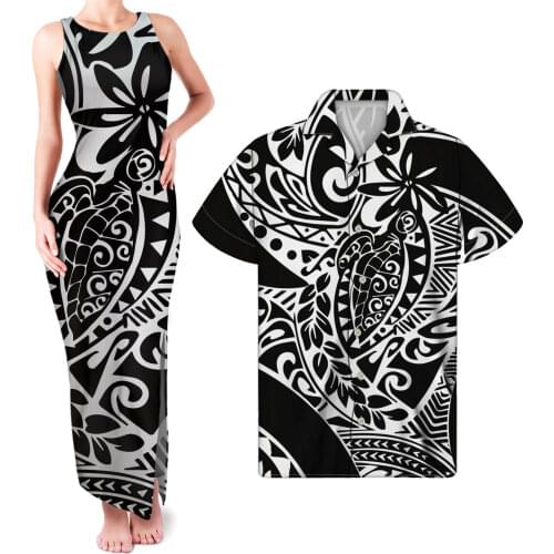 HYCOOL Fashion Womens Sexy Sleeveless Long Black Evening Dresses Ladies Maxi Dresses Polynesia Hibiscus Print Couple Outfit Sets
