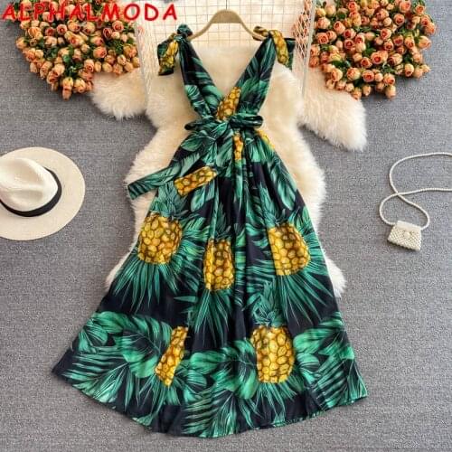 ALPHALMODA 2021 V-neck Sleeveless Print Big Swing Holiday Maxi Dress V-neck Self-binding Strap High Waist Beach Dress