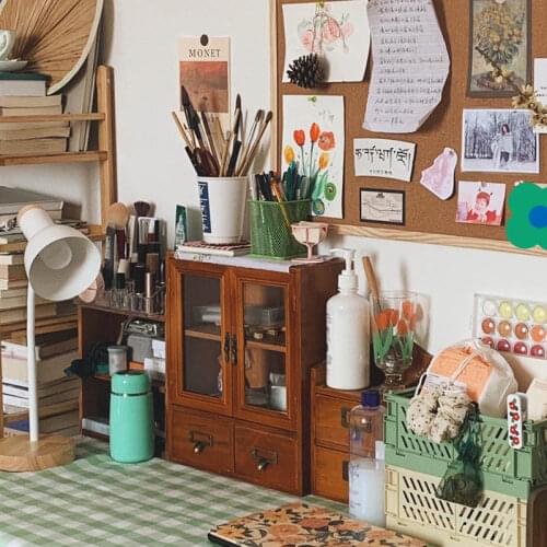 1PC Wooden Multi-functional Desktop Ins Korean Wind Drawer Type Desktop Cabinet Wooden Old Wooden Desktop Storage Cabinet