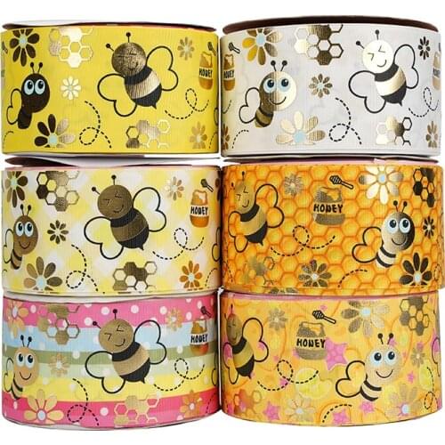3 Inch 75mm Foil Bee Printed Solid Grosgrain Ribbon DIY Gift Bow Headband Making 50 Yards/Roll