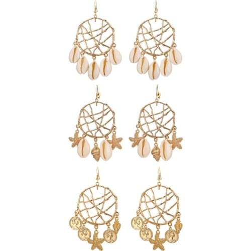 BONISKISS Bohemian Dream Catcher Earrings For Woman Jewelry Rattan Shell Earrings Straw Wicker Braid Woven Drop Earrings 2020