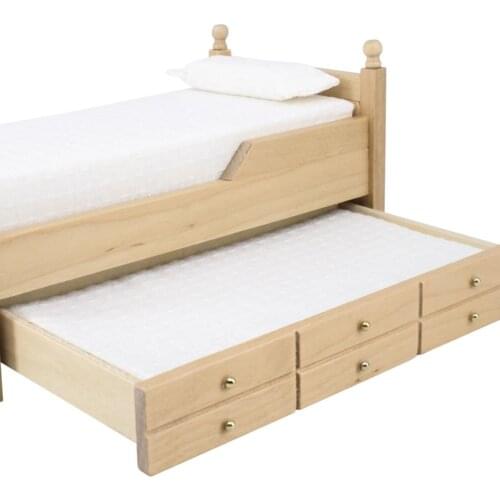 Wooden Dollhouse Bed, with Mattress, Dolls House Accessories, 1/12 Scale Dollhouse Miniatures Furniture