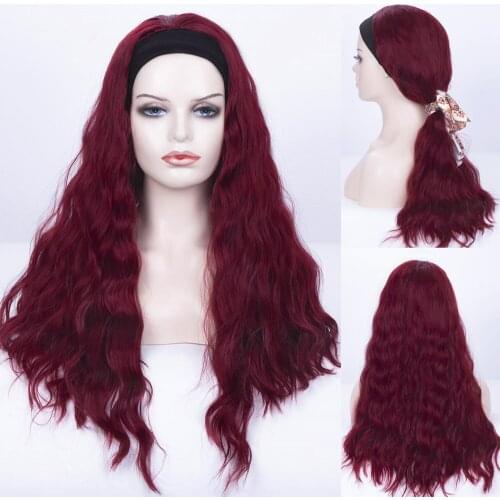 GURUILAGU Long Wavy Headband Wig WineRed Black Wigs For Women Synthetic Hair Natural Wigs Heat Resistant Fiber Women Cosplay Wig