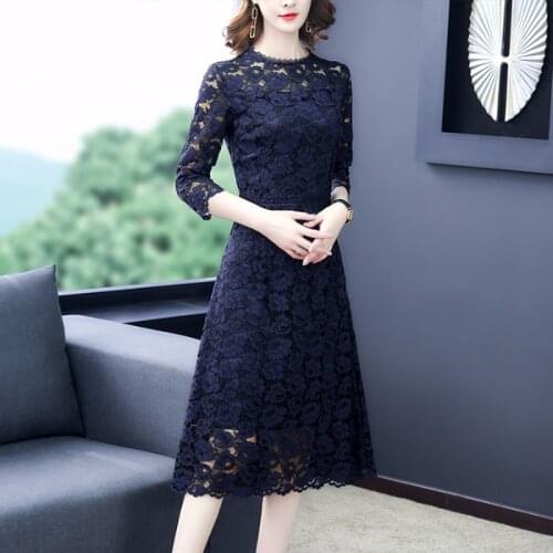 Elegant Casual Blue Lace Office Lady Midi Dresses 2020 Spring Autumn Vintage 3XL Plus Size Dresses Women Bodycon Party Vestidos