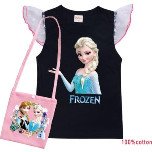 Disney childrens T-shirt + messenger bag set Frozen Elsa girls cotton Short sleeve clothes boys breathable sports T-shirt