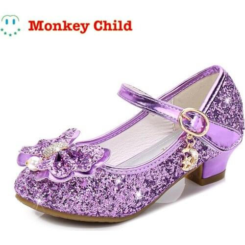Classic Girls Butterfly Knot High-Heel Sequins Non-Slip Princess Shoes Shoes Kids Crystal Shoes Childrens Leather Shoes