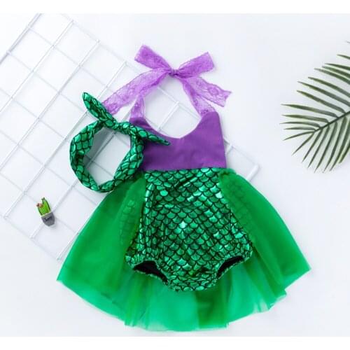 Baby Girls Sequins Tutu Romper Set Summer Mermaid Baby Rompers One-Pieces Green Toddler Baby Girls Clothing Sets with Headband