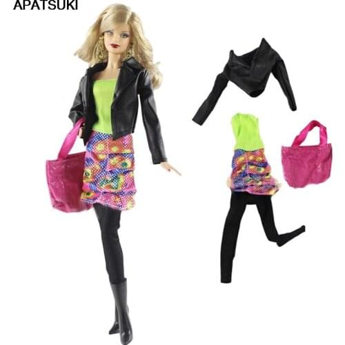 Fashion Clothes Set for Barbie Doll Outfits Black Coat Handbag Off Shoulder Green Top Floral Dress With Black Pants Accessories