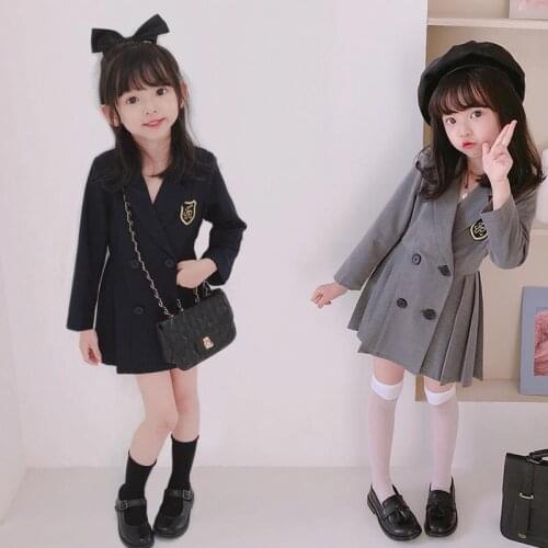 Girls Suit Dress 2021 Spring Autumn Children JK New Temperament Double-breasted Long-sleeved Dress Girls Pleated Dress