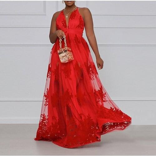 2021 Summer Plus Size Womens Sexy Neck Halter V-neck High Waist Large Swing Embroidered Temperament Dress Europe America