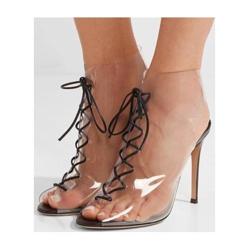 Summer Brand Women New PVC Transparent Peep Toe Black Leather Ties Lace Up Front Stiletto Heel Short Ankle Boots Big Size 42