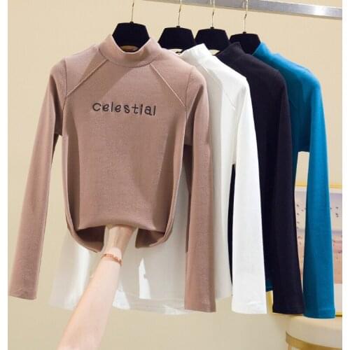 2020 Hot Sale Women T Shirts Long Sleeve High Neck Top Cotton Base Shirt Turtleneck Letter Print Womens Clothes T Shirt Women