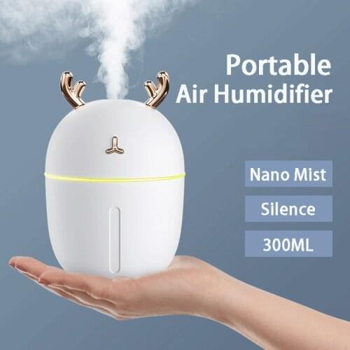 Mini Air Humidifier with USB Port 300ML Cute Deer Diffuser Mist Aromathera Purifier Fogger LED Light for Home Car Office Wetter