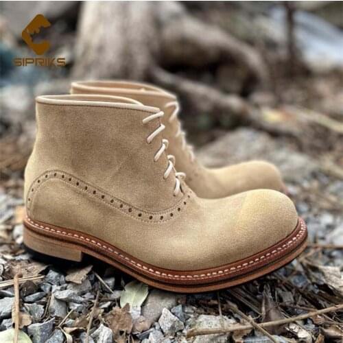 SIPRIKS Mens Goodyear Welted Boots Italian Handmade Suede Leather Ankle Boots Male Cowboy Retro Round Toe Oxfords Shoes Lace Up