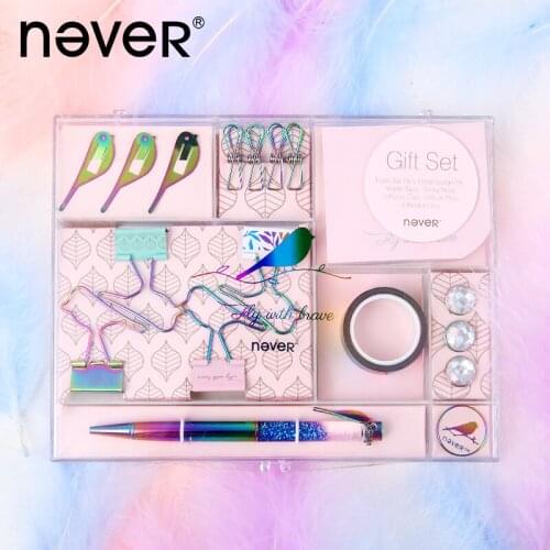 Never stationery set paper clip ticket notice stick metal pen badge tape pushpins and other gift boxed package mail