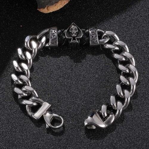 New Punk Jewelry Stainless Steel Charm Male Bracelets Spades Skull Head Bangle Punk Wristband Mens Jewelry GS0140