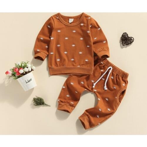 Newborn Baby Clothes Casual Two-piece Set, Long Sleeve Round Collar Pullover and Elastic Waist Pants, Grey/ Brown