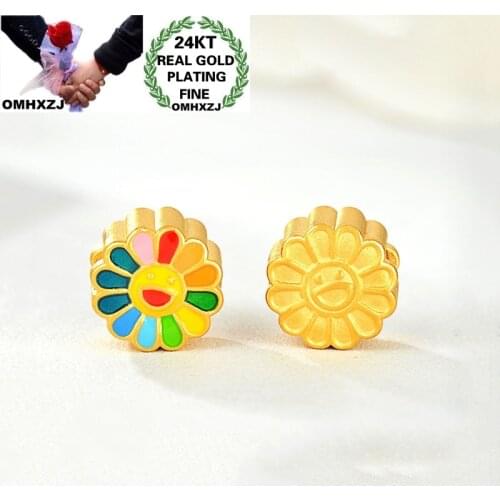 OMHXZJ Wholesale CA460 European Fashion Fine Party Birthday Wedding Gift Sun Flower Smile 24KT Gold DIY Accessories Charm Bead