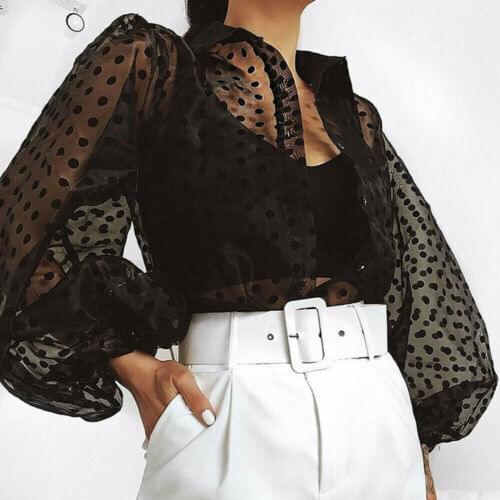 Sexy Women Mesh Shirt High Street Wear Female V-neck Polka Dot Puff Sleeve See-through Retro Loose Button Blouse