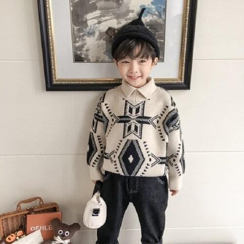 2-15T Kids Tops Clothes Autumn Boys Pullover Sweater Fashion Cool Lapel Long Sleeve Childrens Knitted Sweater Gentleman Outfit