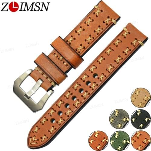 ZLIMSN Genuine Leather Watch Bands 20 22 24 26mm Strong Stitched Belt 316L Stainless Steel Buckle Silver Brushed Black Polished