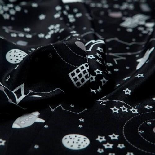 Stars/moon/airplane printed black color pure silk crepe de chine fabric,sewing for shirt,blouse,skirt,dress,craft by the yard
